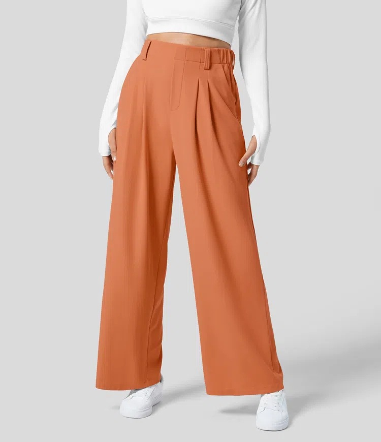 Vibecurve® High Waisted Plicated Side Pocket Wide Leg Waffle Work Pants