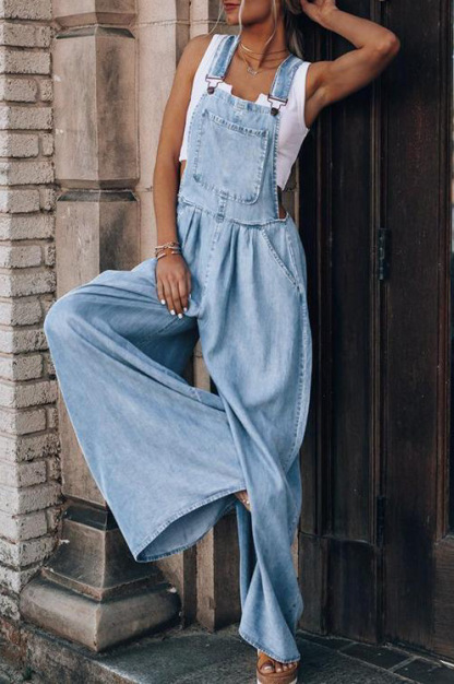 Vibecurve® Denim-Effect Print Plicated Wide Leg Overalls Jumpsuit