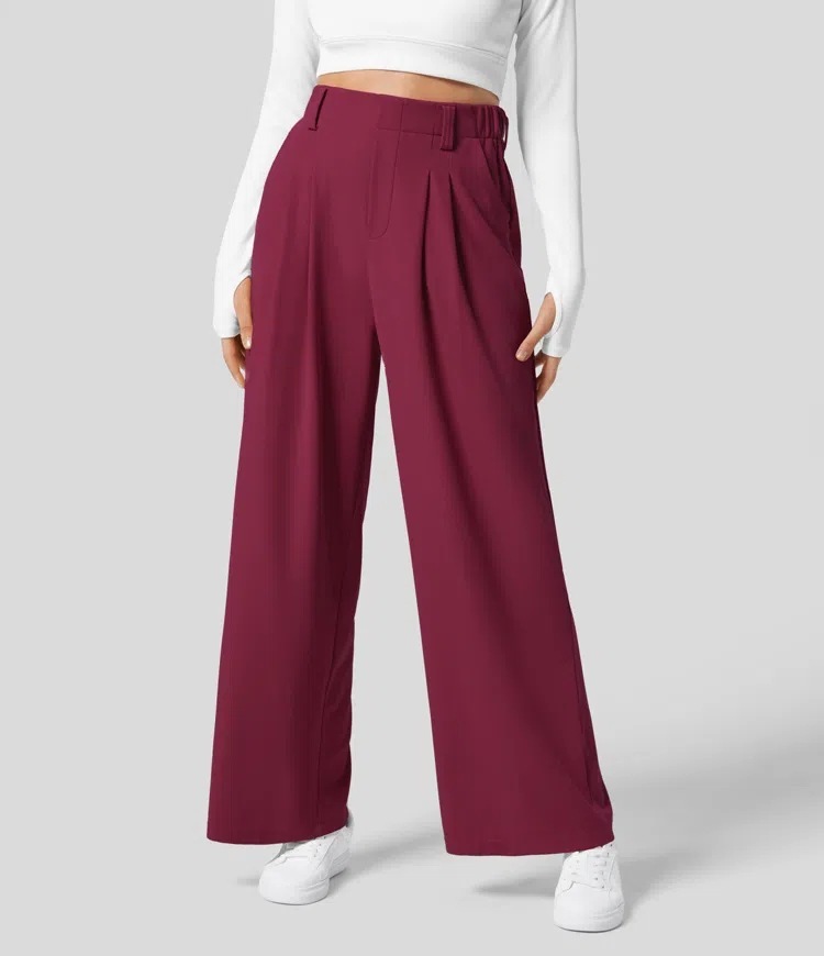 Vibecurve® High Waisted Plicated Side Pocket Wide Leg Waffle Work Pants