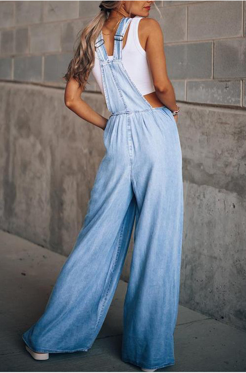 Vibecurve® Denim-Effect Print Plicated Wide Leg Overalls Jumpsuit