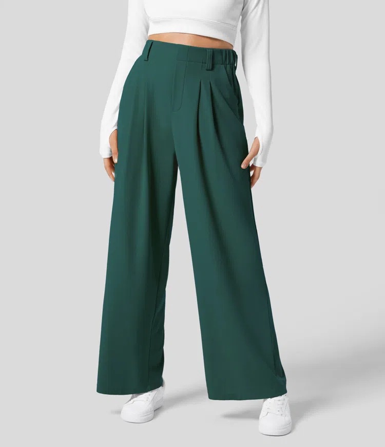 Vibecurve® High Waisted Plicated Side Pocket Wide Leg Waffle Work Pants