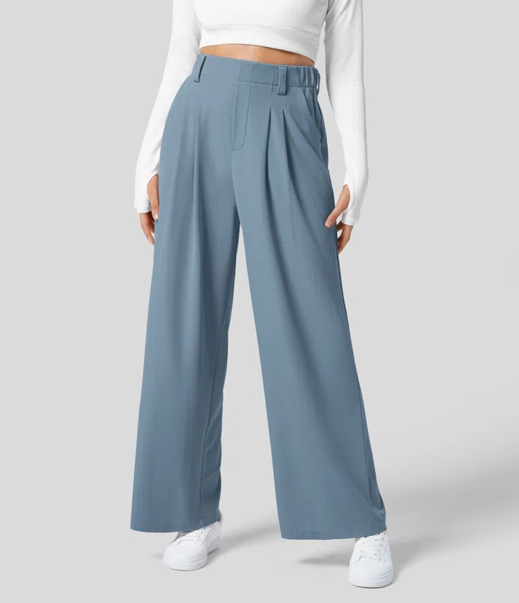 Vibecurve® High Waisted Plicated Side Pocket Wide Leg Waffle Work Pants