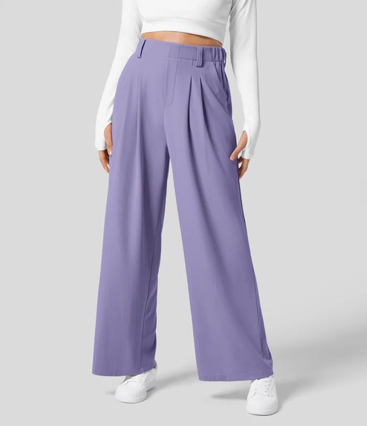 Vibecurve® High Waisted Plicated Side Pocket Wide Leg Waffle Work Pants