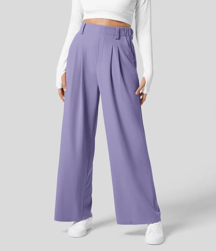 Vibecurve® High Waisted Plicated Side Pocket Wide Leg Waffle Work Pants