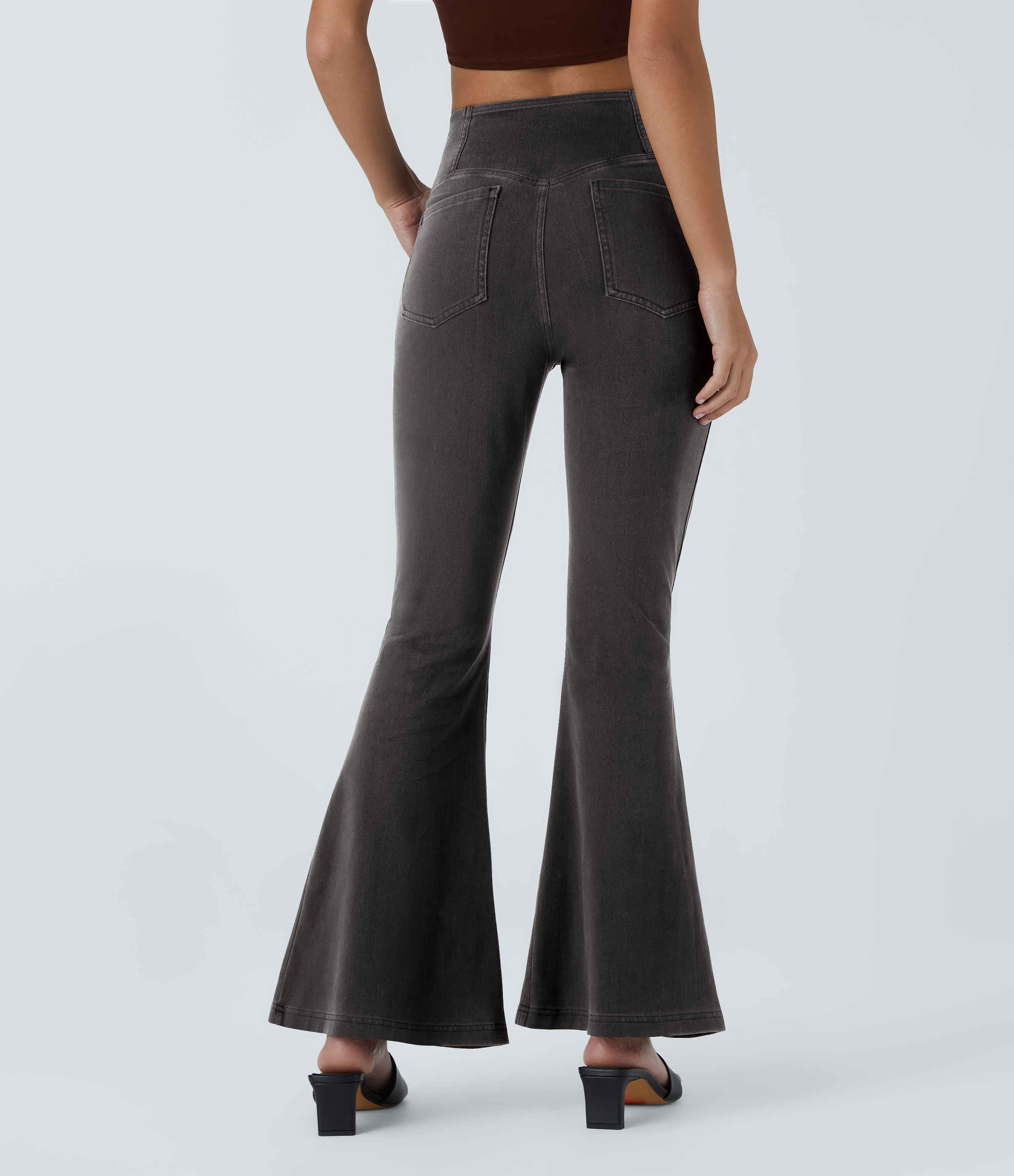 Vibecurve® High Waisted Crossover Pocket Washed Stretchy Knit Casual Super Flare Jeans