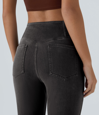 Vibecurve® High Waisted Crossover Pocket Washed Stretchy Knit Casual Super Flare Jeans