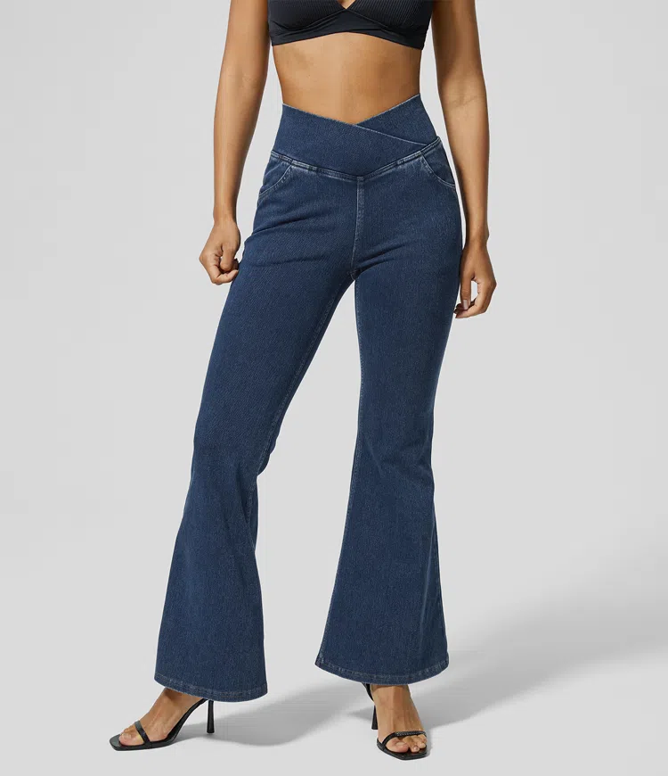 Vibecurve® High Waisted Crossover Pocket Washed Stretchy Knit Casual Super Flare Jeans