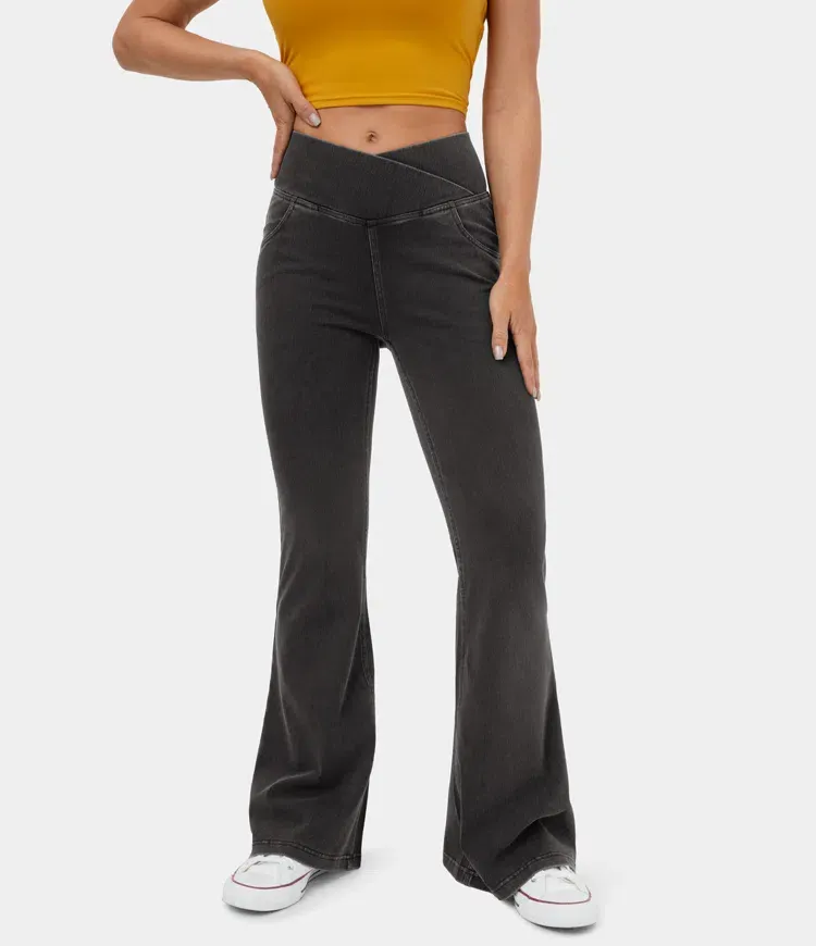 Vibecurve® High Waisted Crossover Pocket Washed Stretchy Knit Casual Super Flare Jeans