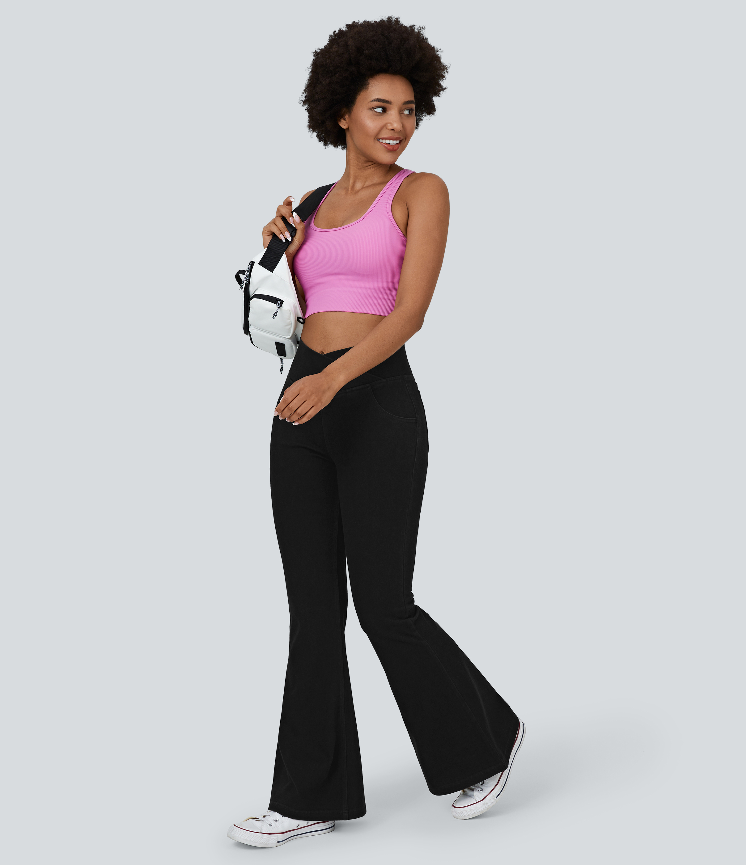 Vibecurve® High Waisted Crossover Pocket Washed Stretchy Knit Casual Super Flare Jeans
