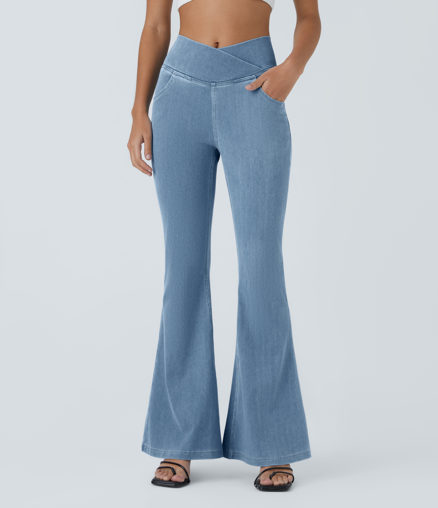 Vibecurve® High Waisted Crossover Pocket Washed Stretchy Knit Casual Super Flare Jeans