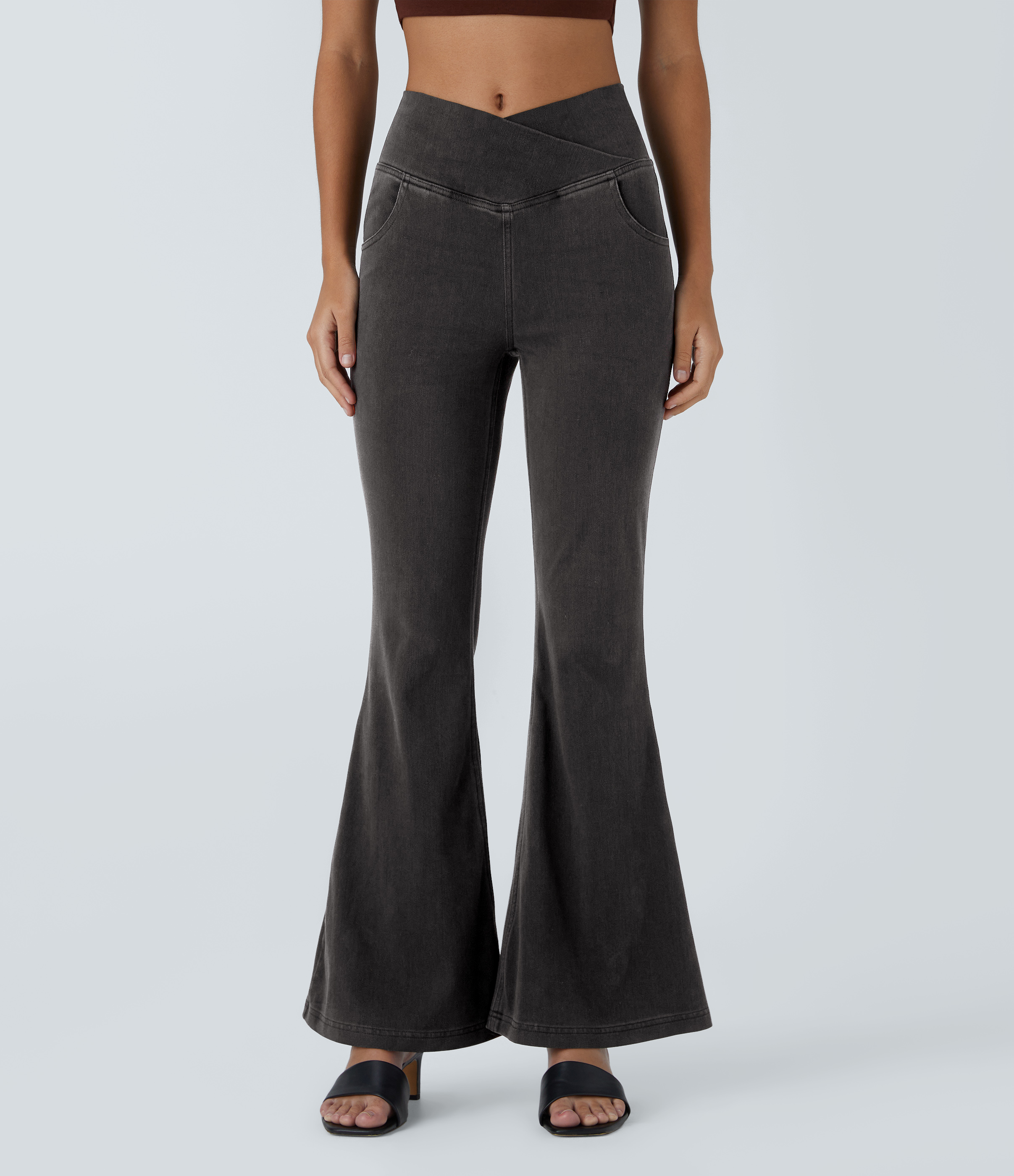 Vibecurve® High Waisted Crossover Pocket Washed Stretchy Knit Casual Super Flare Jeans