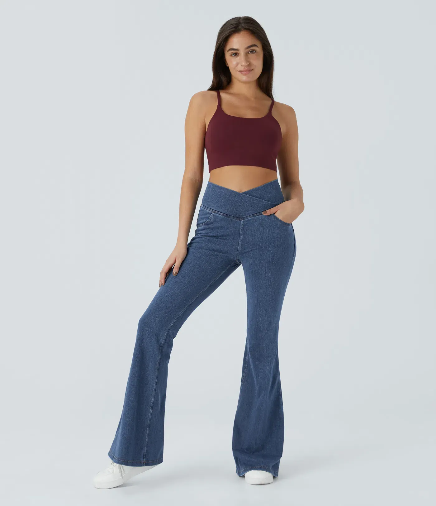 Vibecurve® High Waisted Crossover Pocket Washed Stretchy Knit Casual Super Flare Jeans