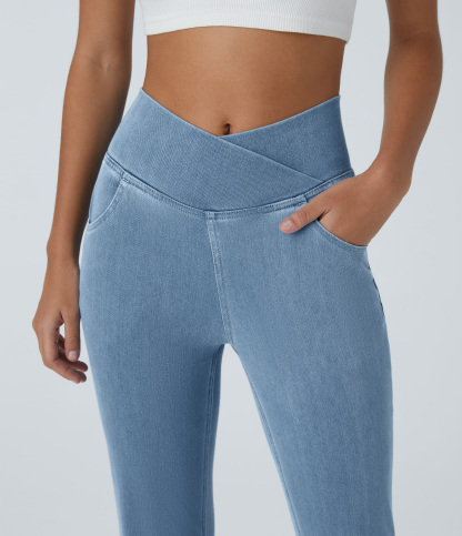 Vibecurve® High Waisted Crossover Pocket Washed Stretchy Knit Casual Super Flare Jeans