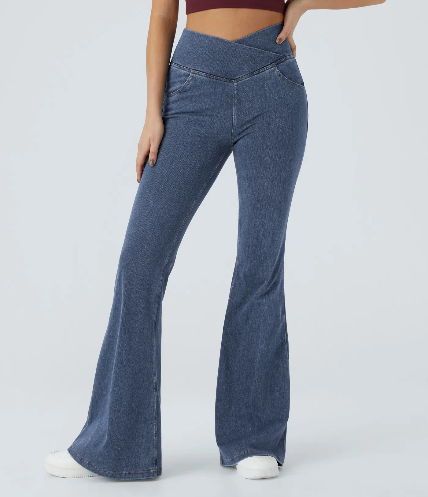 Vibecurve® High Waisted Crossover Pocket Washed Stretchy Knit Casual Super Flare Jeans