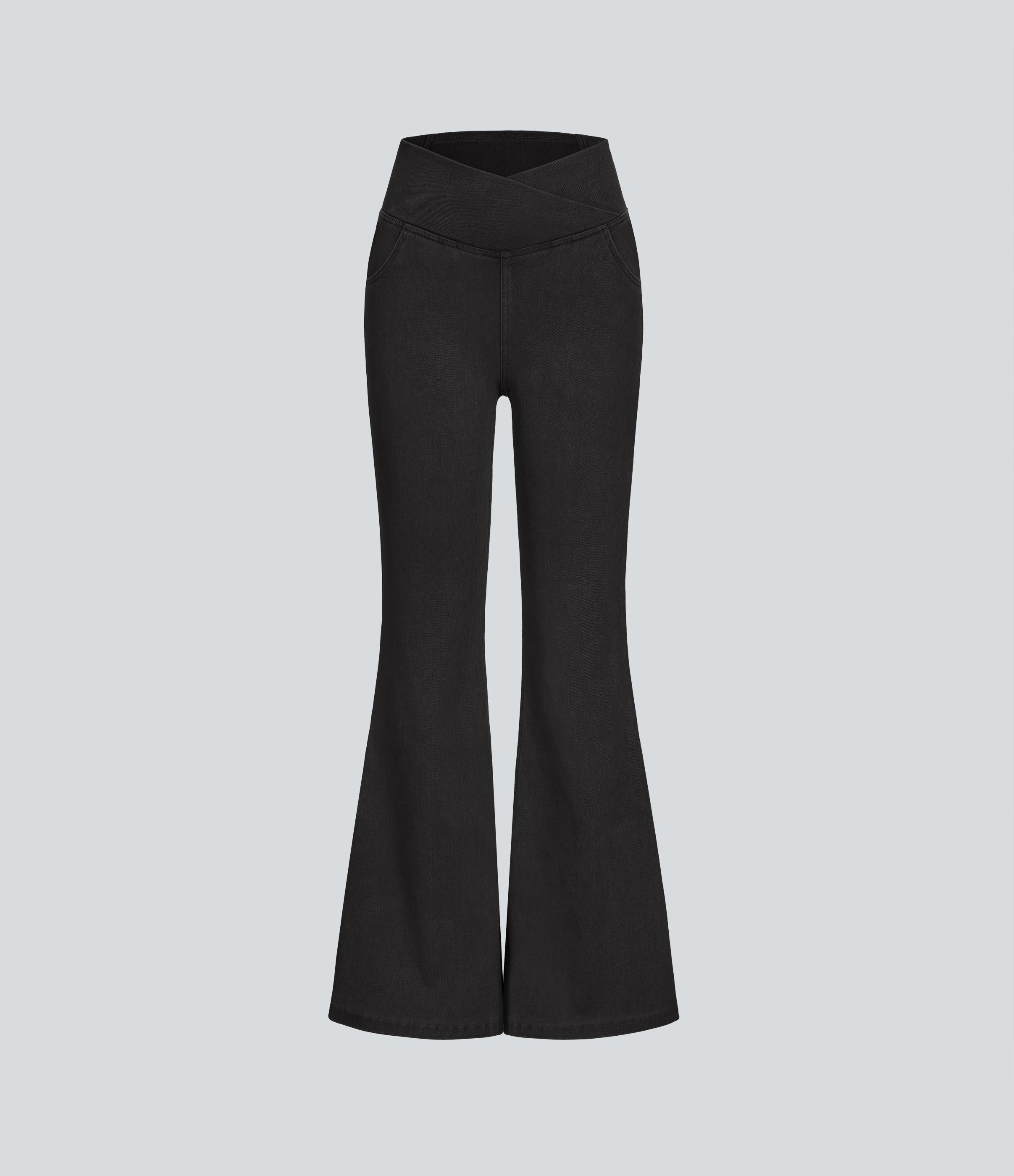 Vibecurve® High Waisted Crossover Pocket Washed Stretchy Knit Casual Super Flare Jeans