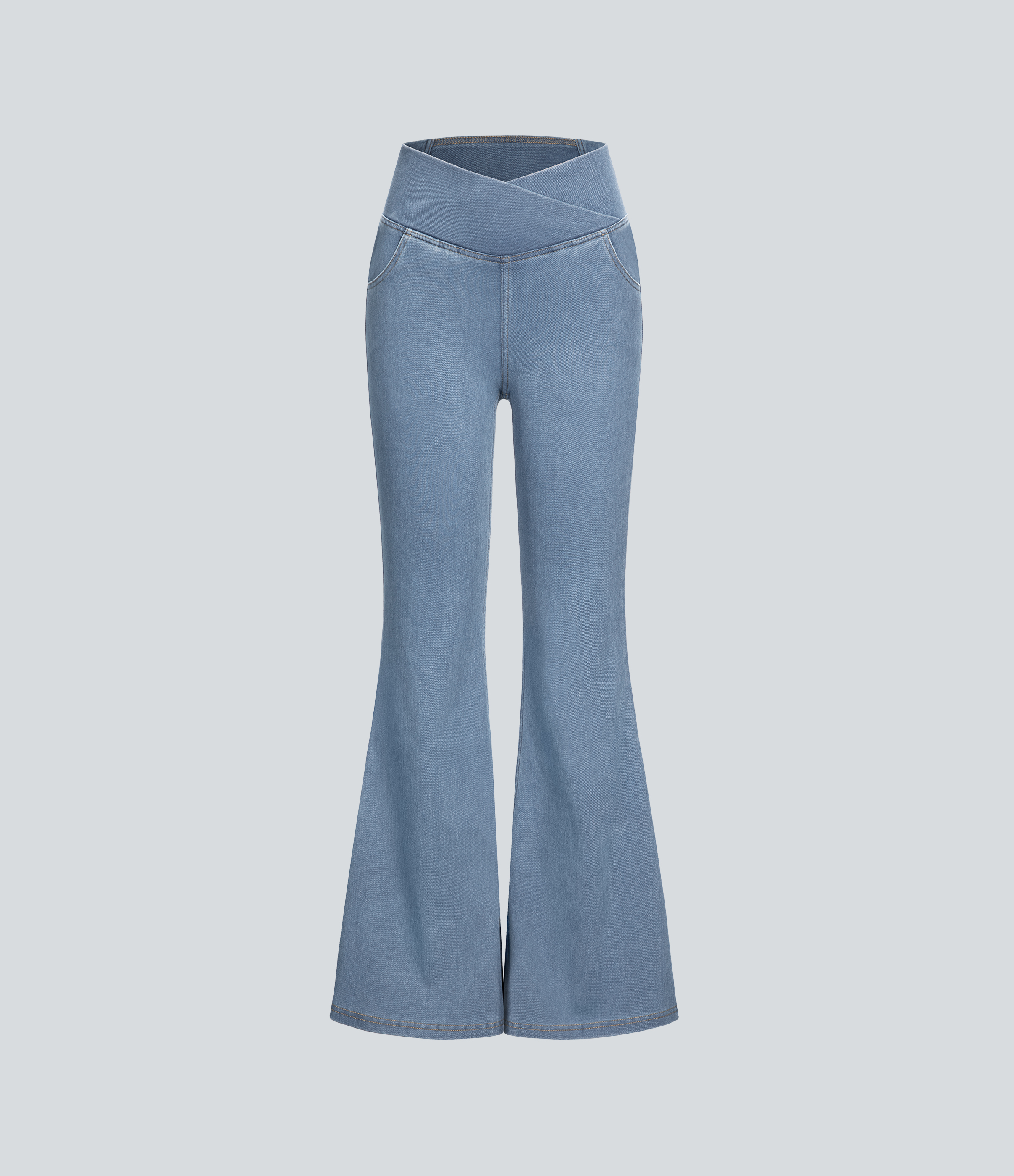 Vibecurve® High Waisted Crossover Pocket Washed Stretchy Knit Casual Super Flare Jeans