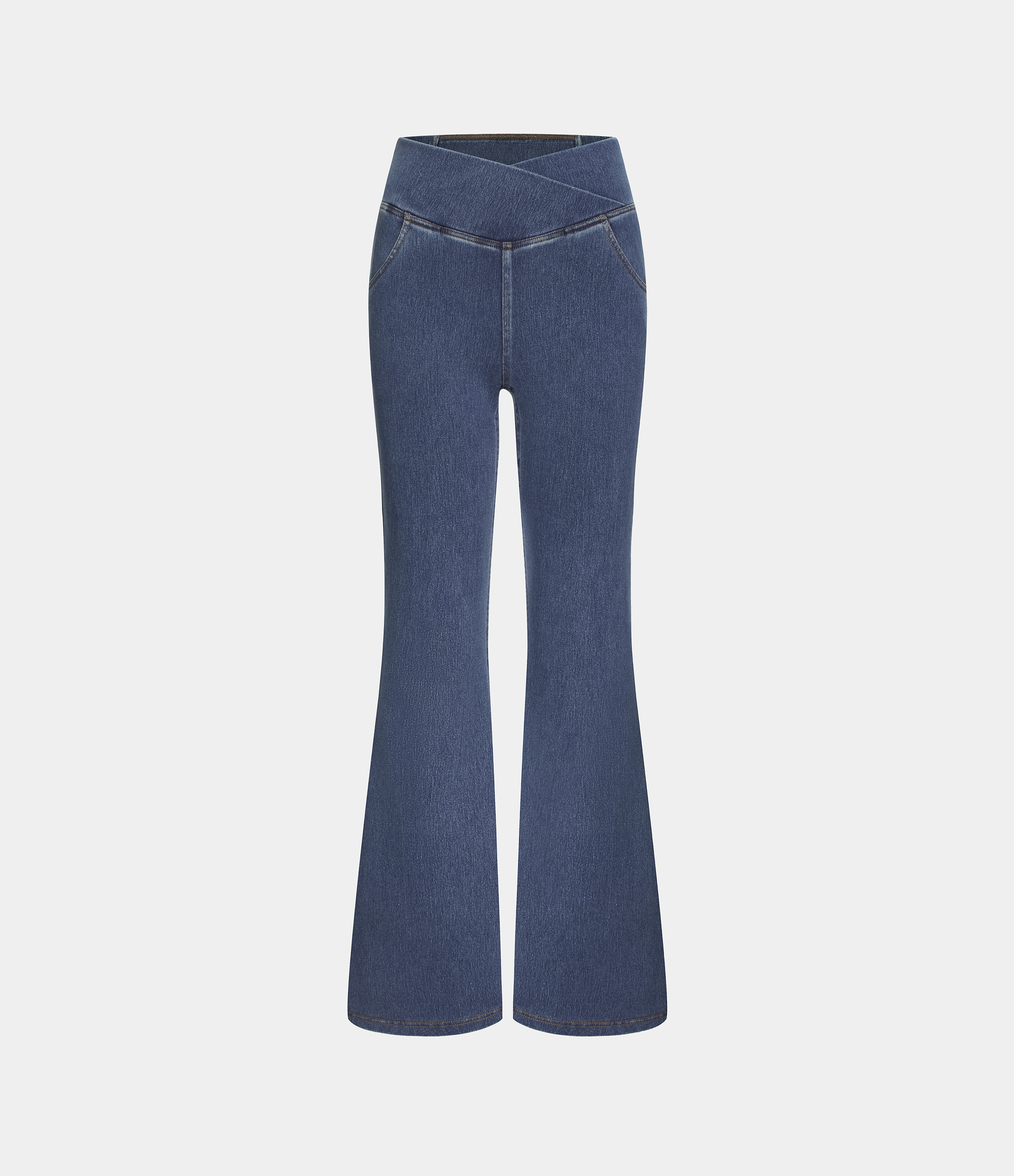 Vibecurve® High Waisted Crossover Pocket Washed Stretchy Knit Casual Super Flare Jeans