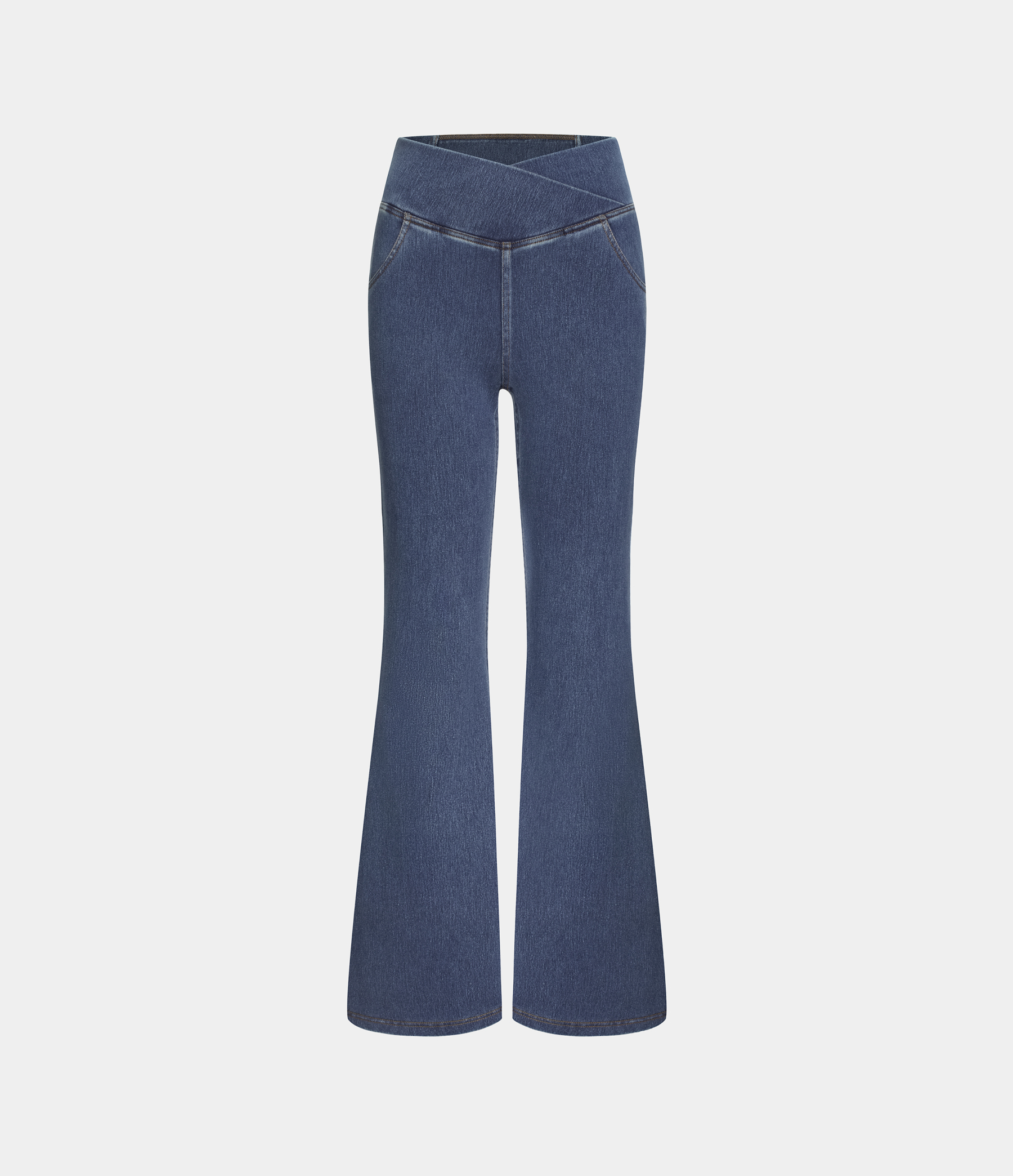 Vibecurve® High Waisted Crossover Pocket Washed Stretchy Knit Casual Super Flare Jeans