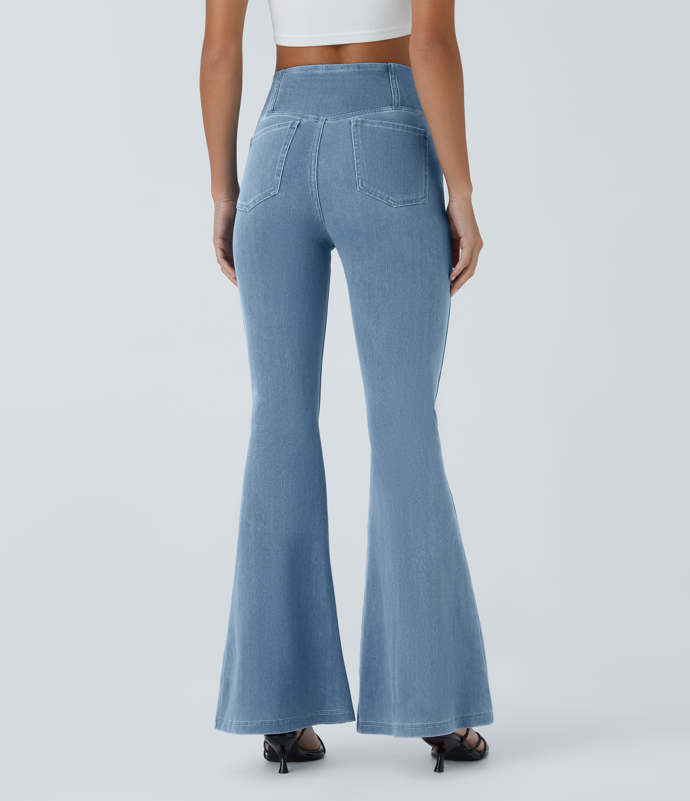 Vibecurve® High Waisted Crossover Pocket Washed Stretchy Knit Casual Super Flare Jeans