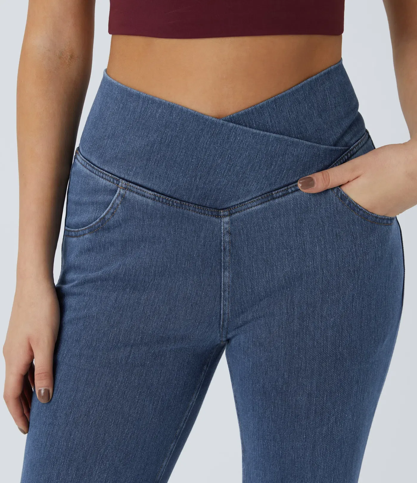 Vibecurve® High Waisted Crossover Pocket Washed Stretchy Knit Casual Super Flare Jeans