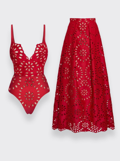 Vibecurve® Flower Hollow One Piece Swimsuit and Skirt