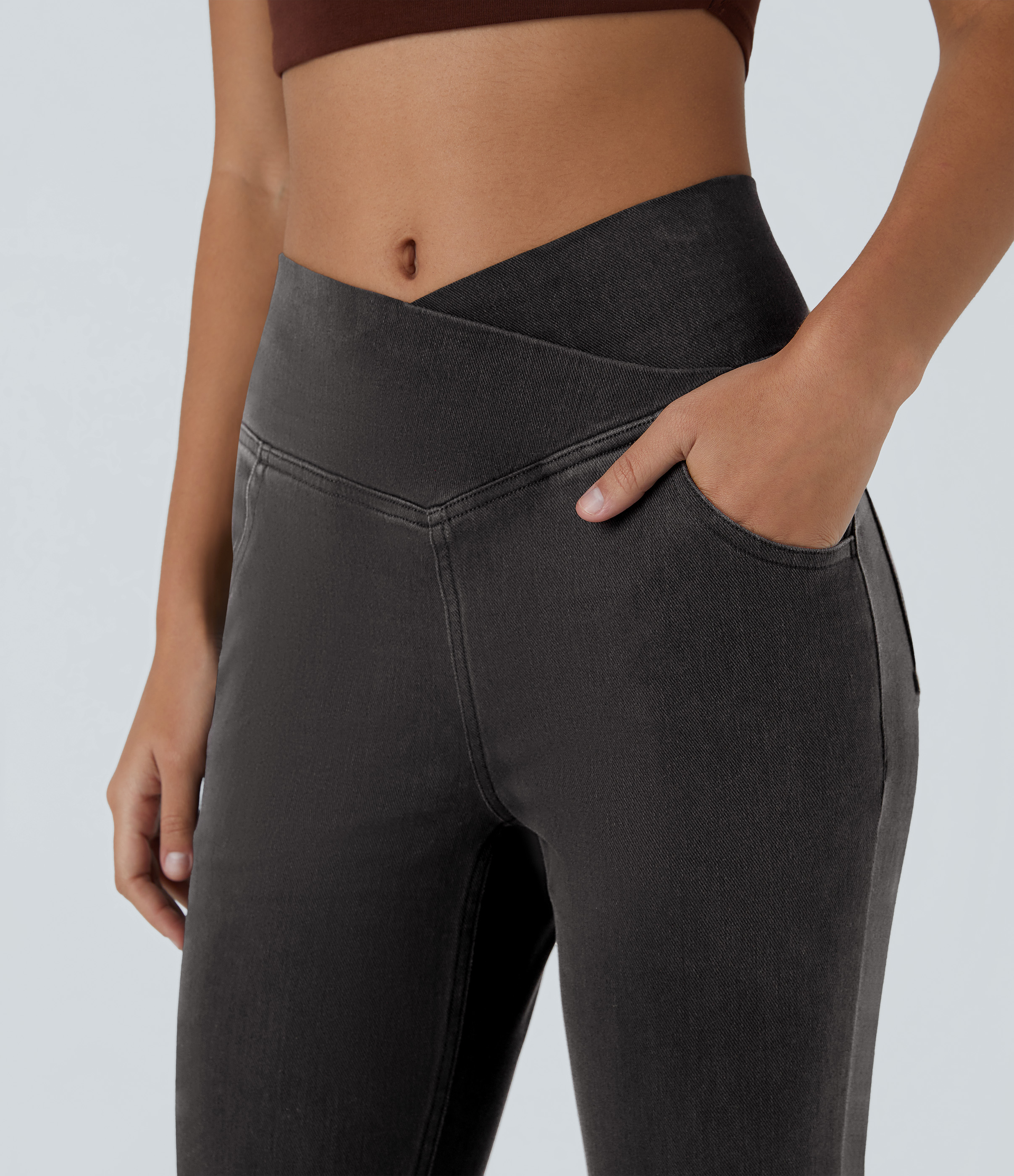 Vibecurve® High Waisted Crossover Pocket Washed Stretchy Knit Casual Super Flare Jeans