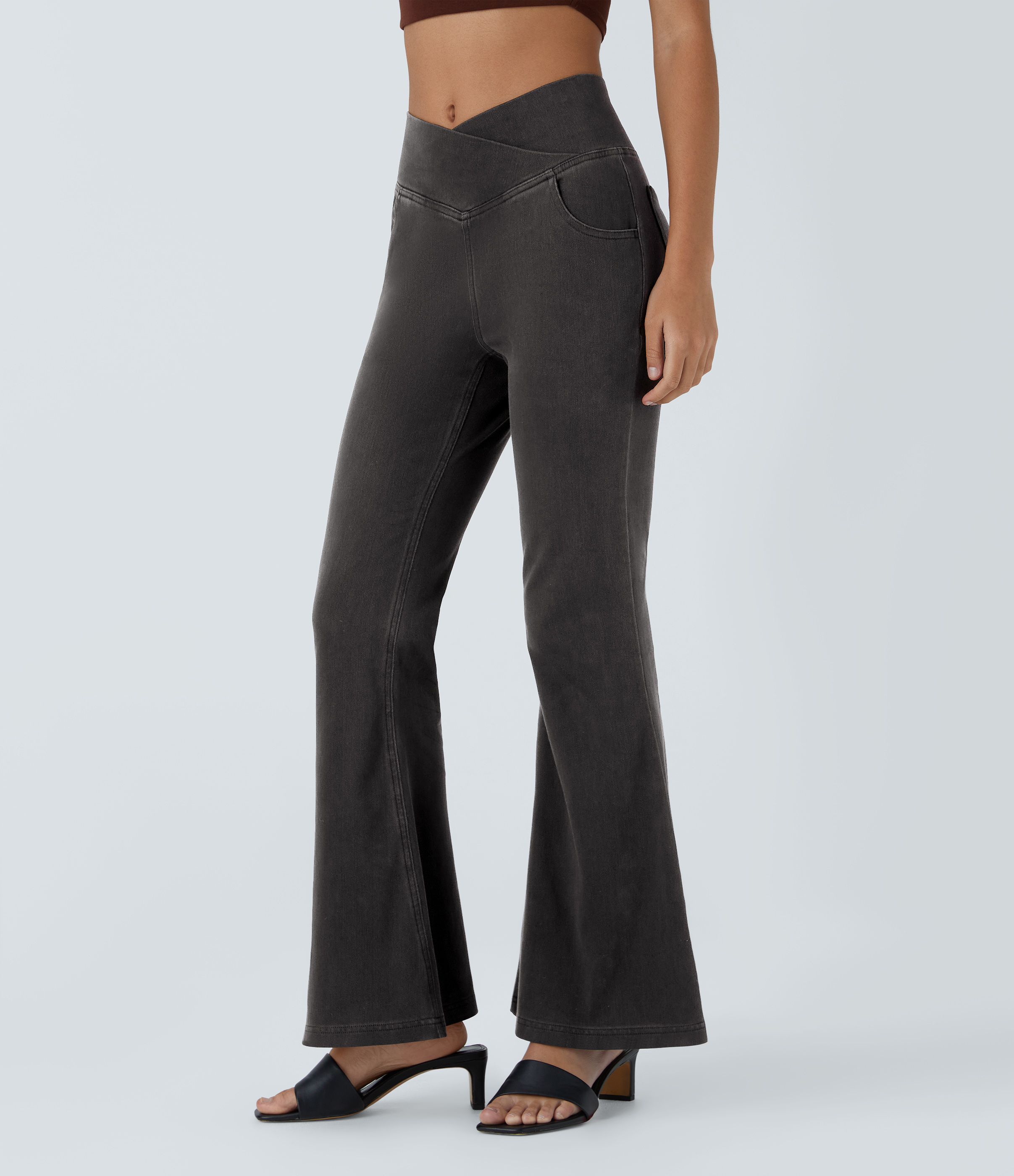 Vibecurve® High Waisted Crossover Pocket Washed Stretchy Knit Casual Super Flare Jeans