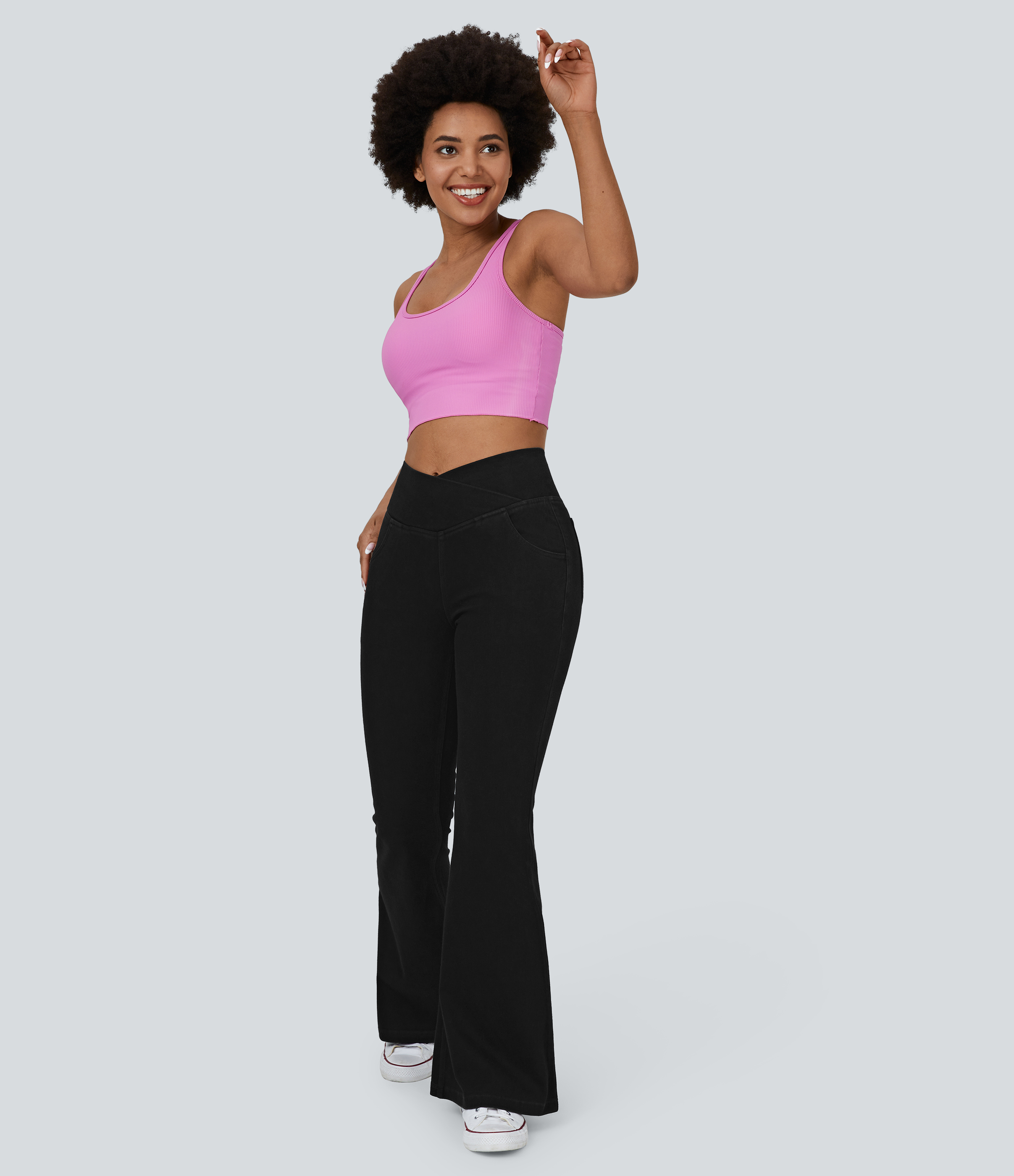 Vibecurve® High Waisted Crossover Pocket Washed Stretchy Knit Casual Super Flare Jeans