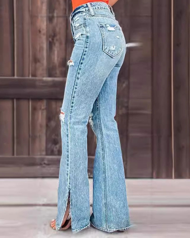 Vibecurve® Women's Jeans High Waist Hole Breaking Pants Micro Split Trousers