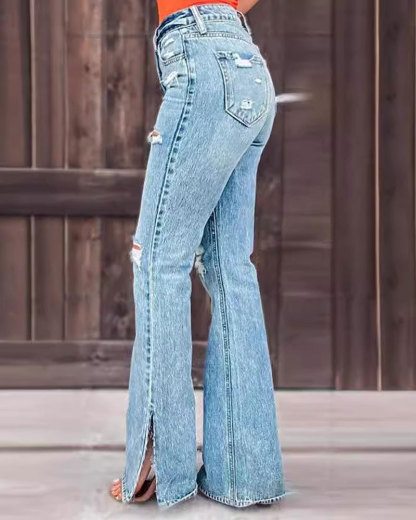 Vibecurve® Women's Jeans High Waist Hole Breaking Pants Micro Split Trousers