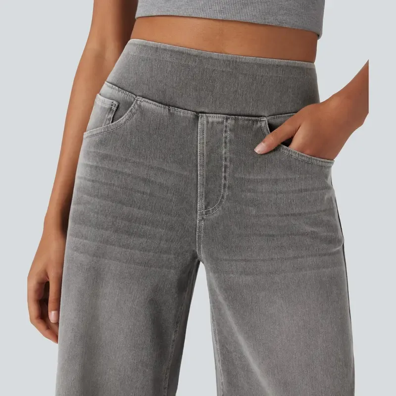 Vibecurve® High Waisted Stripe Wide Leg Flowy Washed Casual Jeans with Pockets