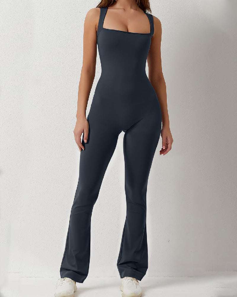 Vibecurve® Women's Sleeveless Sexy Square Neck Jumpsuit Stretch Flare Leggings Romper