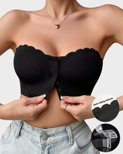 Vibecurve® Womens Strapless Bra Non-Slip Padded Bandeau Bras Front Closure Bras for Women Wavy Trim Seamless Tube Top Bralette