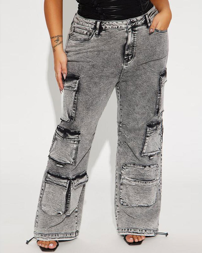 Vibecurve® High Rise Stretch Cargo Jeans - Acid Wash Grey