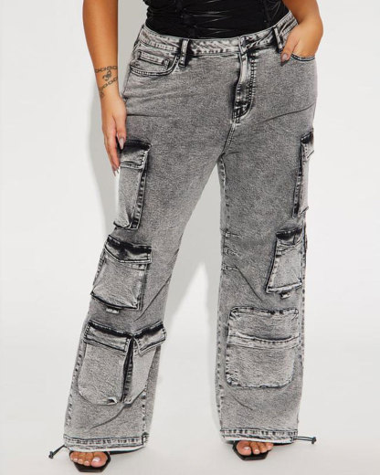 Vibecurve® High Rise Stretch Cargo Jeans - Acid Wash Grey