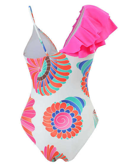 Vibecurve® Floral Print Ruffles Strap One Piece With Bathing Suit Wrap Skirt