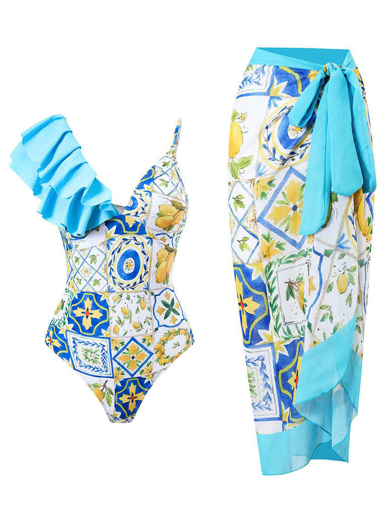 Vibecurve® Floral Print Ruffles Strap One Piece With Bathing Suit Wrap Skirt