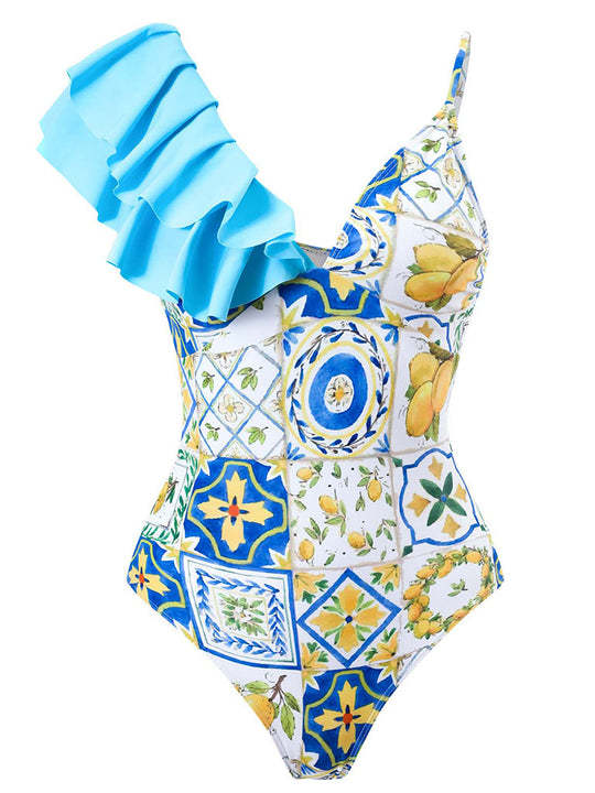 Vibecurve® Floral Print Ruffles Strap One Piece With Bathing Suit Wrap Skirt