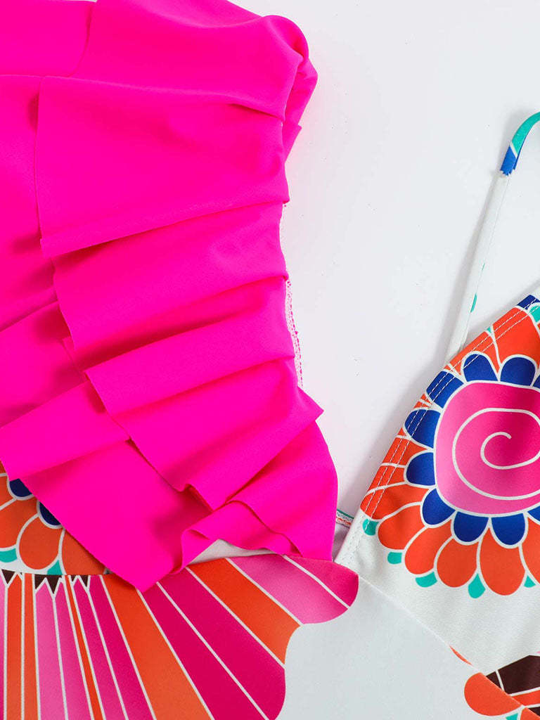 Vibecurve® Floral Print Ruffles Strap One Piece With Bathing Suit Wrap Skirt