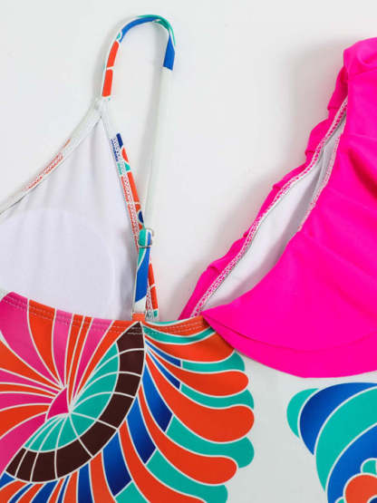 Vibecurve® Floral Print Ruffles Strap One Piece With Bathing Suit Wrap Skirt