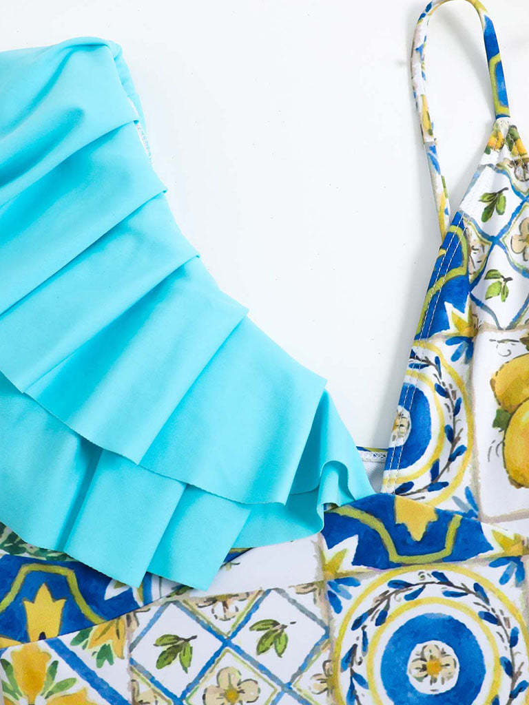 Vibecurve® Floral Print Ruffles Strap One Piece With Bathing Suit Wrap Skirt