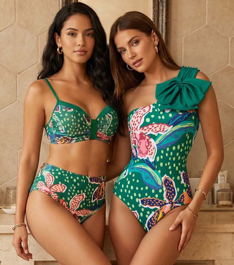 Tropic Printed One Shoulder One Piece Swimsuit and Sarong Flaxmaker