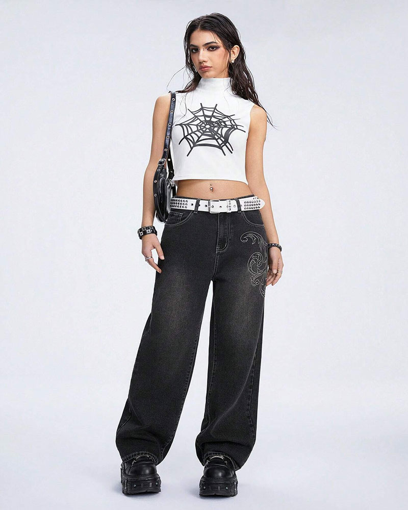 Vibecurve® Grunge Punk Denim Boyfriend Low-Rise Wide-Leg Jeans