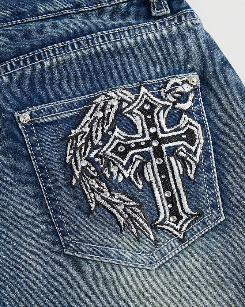 Vibecurve® Grunge Punk Women's Jeans with Cross and Wings Print