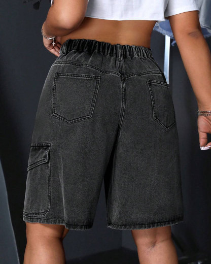 Vibecurve® Grunge Punk Unisex Punk Street Style Star Design 3D Pocket Distressed Washed Denim Bermuda Shorts