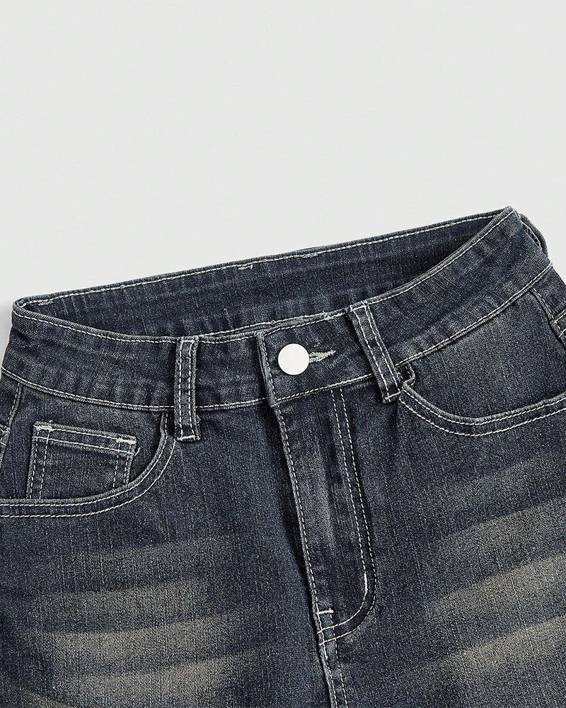 Vibecurve® Grunge Punk Gyaru Punk Style Skull Embroidery Tight & Sexy Super Short Denim Shorts