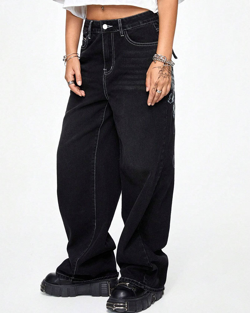 Vibecurve® Grunge Punk Women's Halloween Cross & Vine Wing Print Wide Leg Boy Friend Jeans