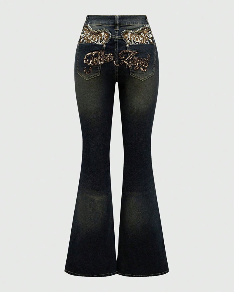 Vibecurve® J-Fashion Y2K Leopard Print Wing Font Vintage Denim Jeans