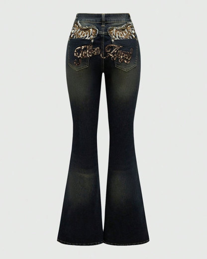 Vibecurve® J-Fashion Y2K Leopard Print Wing Font Vintage Denim Jeans