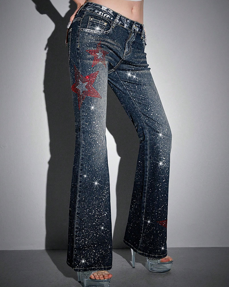Vibecurve® Avant Y2K Sexy Low-Waist Skinny Star Foil Detail Flared Women Jeans